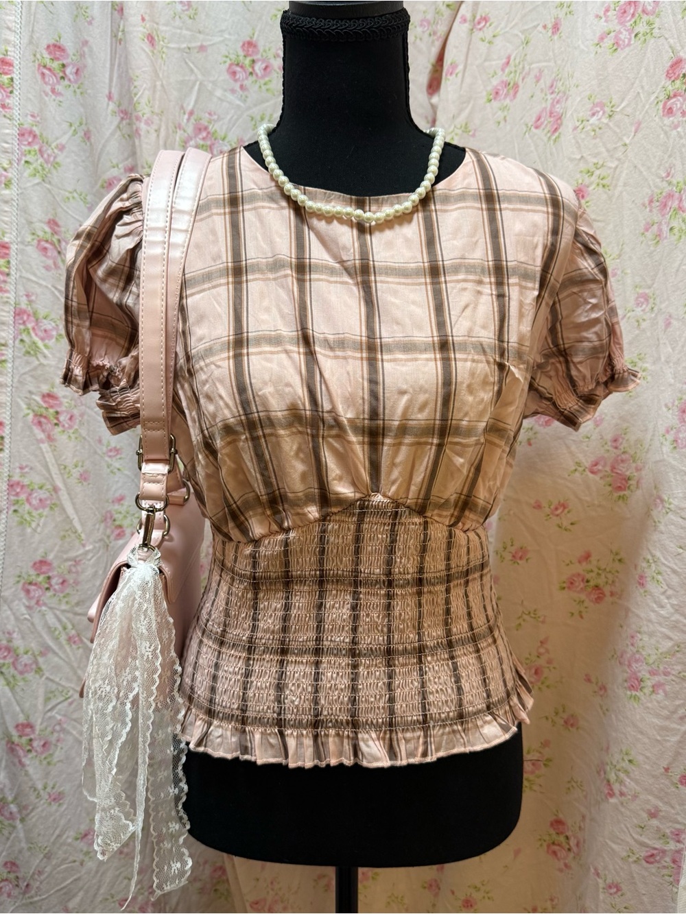 Fashion Nova Pink Plaid Smocked Peplum Blouse
